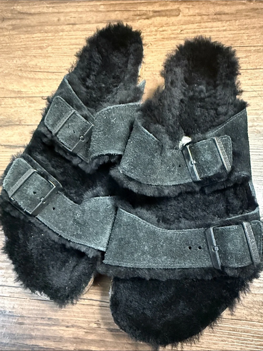 Birkenstock Black Faux-Shearling Slide with Branded Strap
